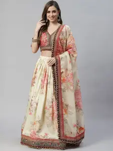FABPIXEL Embroidered Sequinned Semi-Stitched Lehenga & Unstitched Blouse With Dupatta