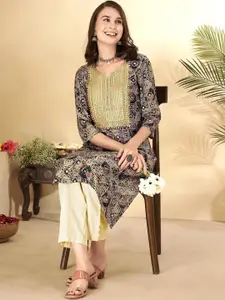 Anouk Brown & Balck Geometric Printed Notch Neck Sequins Straight Kurta