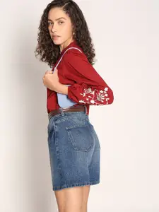 Vero Moda Women Embroidered Floral Print Mandarin Collar Cotton Top