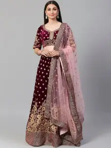 FABPIXEL Embroidered Sequinned Semi-Stitched Lehenga & Unstitched Blouse With Dupatta