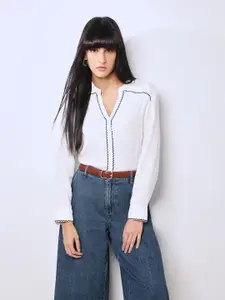 Vero Moda Women Mandarin Collar Solid Cotton Casual Shirt