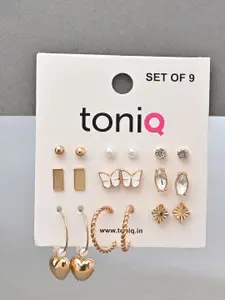 ToniQ Set of 9 Gold-Plated Pearls Beaded and Studded Studs & Hoop Earrings