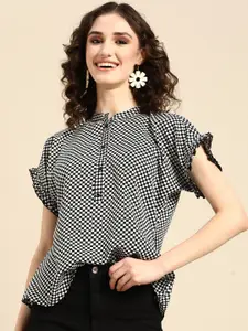 all about you Women Checked Monochrome Mandarin Collar Top