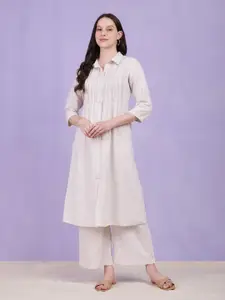Pink Fort Shirt Collar Pleated Thread Work Cotton A-Line Kurta