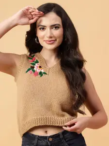 Velvery Women Floral Sweater Vest with Applique Detail