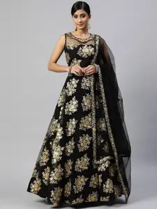FABPIXEL Zari Embroidered Sequinned Semi-Stitched Lehenga & Unstitched Blouse With Dupatta