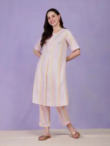 Pink Fort Striped Cotton A-Line Kurta