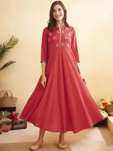 Anouk Floral Embroidered Mandarin Collar Cotton Fit and Flare Ethnic Dresses