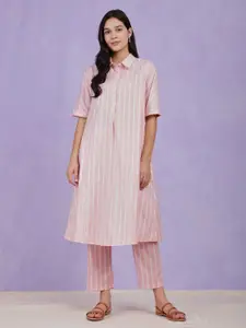 Pink Fort Striped Shirt Collar Cotton A-Line Kurta