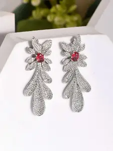 Voylla American Diamond Rhodium-Plated Brass Floral Drop Earrings