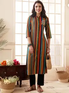 Anouk Striped Mandarin Collar Thread Work Liva Straight Kurta