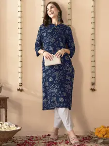 Anouk Blue Floral Printed Mandarin Collar Straight Kurta