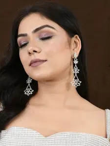 Voylla Rhodium Plated Brass Contemporary American Diamond Studded Drop Earrings