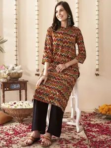 Anouk Maroon & Green Geometric Printed Band Collar Chanderi Silk Straight Kurta