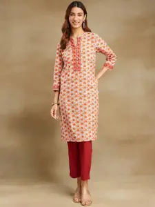 Fabindia Ethnic Motifs Printed Mandarin Collar Cotton Straight Kurta