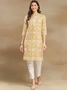Fabindia Floral Printed Mandarin Collar Cotton Straight Kurta