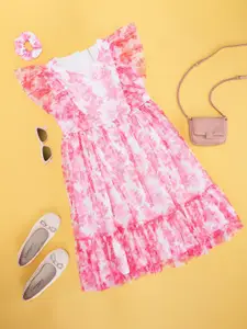 Pantaloons Junior Girls Floral Printed Flutter Sleeve Fit & Flare Dress