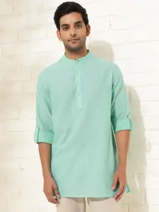 Fabindia Striped Mandarin Collar Roll-Up Sleeves Cotton Straight Short Kurta