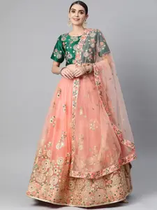 FABPIXEL Embroidered Sequinned Semi-Stitched Lehenga & Unstitched Blouse With Dupatta