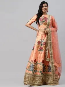 FABPIXEL Floral Printed Sequinned Semi-Stitched Lehenga & Unstitched Blouse With Dupatta