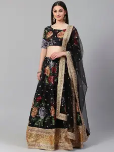 FABPIXEL Floral Printed Sequinned Semi-Stitched Lehenga & Unstitched Blouse With Dupatta