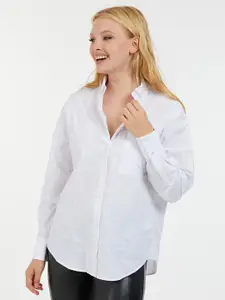 GUESS Women Spread Collar Textured Solid Cotton Casual Shirt