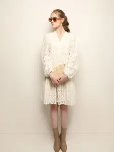 Vero Moda Mandarin Collar A-Line Schiffli Mini Dress