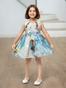 Toonyport Girls Tie and Dye Printed Bow Cotton Fit & Flare Dress
