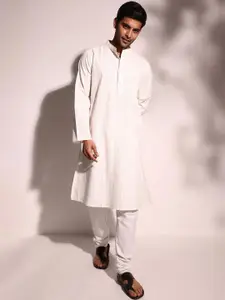 Fabindia Striped Mandarin Collar Kantha Work Cotton Straight Kurta