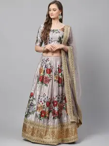 FABPIXEL Floral Printed Sequinned Semi-Stitched Lehenga & Unstitched Blouse With Dupatta