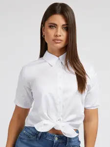 GUESS Women Spread Collar Solid Cotton Casual Shirt