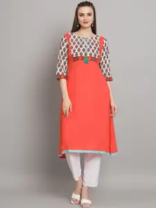 Anouk Peach Floral Printed Tie-Up Neck Liva Kurta