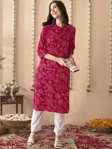 Anouk Pink Bandhani Printed Mandarin Collar Straight Kurta