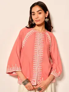 Global Desi Women Ethnic Motifs Embroidered Ethnic Print Round Neck Top