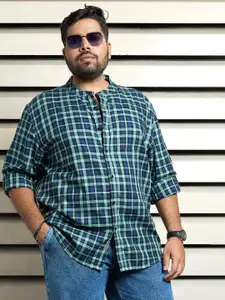 Freeform by High Star Men Standard Mandarin Collar Checked Cotton Plus Size Casual Shirt
