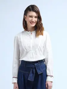 U.S. Polo Assn. Women Floral Printed Embroidered Mandarin Collar Pure Cotton Top