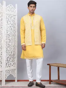 Jompers Floral Embroidered Mandarin Collar Straight Kurta with Pyjama & Waistcoat