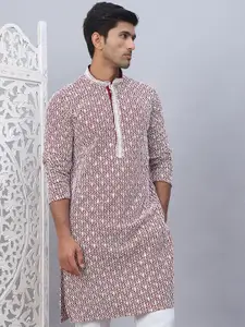 Jompers Geometric Embroidered Mandarin Collar Chikankari Pure Cotton Straight Kurta