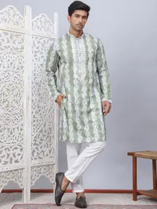 Jompers Geometric Dyed Mandarin Collar Sequinned Straight Kurta With Pyjamas