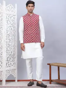 Jompers Mandarin Collar Silk Cotton Straight Kurta with Pyjama & Nehru Jacke