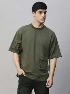 PRONK Men Solid Round Neck Cotton Oversized T-Shirt