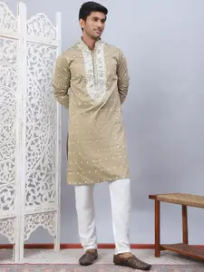 Jompers Floral Embroidered Mandarin Collar Sequinned Silk Cotton Kurta with Pyjama