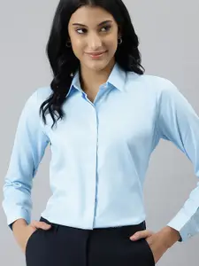 English Navy Women Relaxed Solid Wrinkle Free Cotton Formal Shirt