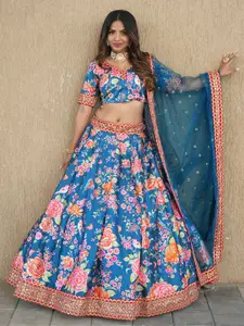 FABPIXEL Printed Beads And Stones Semi-Stitched Lehenga & Unstitched Blouse With Dupatta