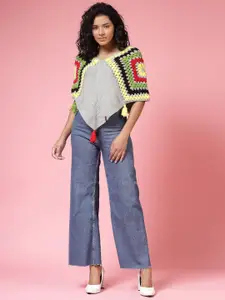 Velvery Women Longline Poncho with Applique Detail