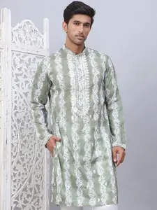 Jompers Floral Printed Mandarin Collar Sequins Straight Kurta