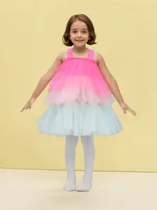 Toonyport Girls Shoulder Straps Colourblocked Net A-Line Dress