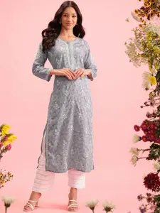 ADA Floral Printed Notch Neck Lucknowi Chikankari Cotton Straight Kurta