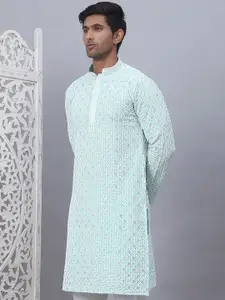 Jompers Geometric Embroidered Mandarin Collar Chikankari Pure Cotton Straight Kurta