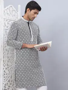 Jompers Chikankari Embroidered Mandrian Collar Cotton Straight Kurta